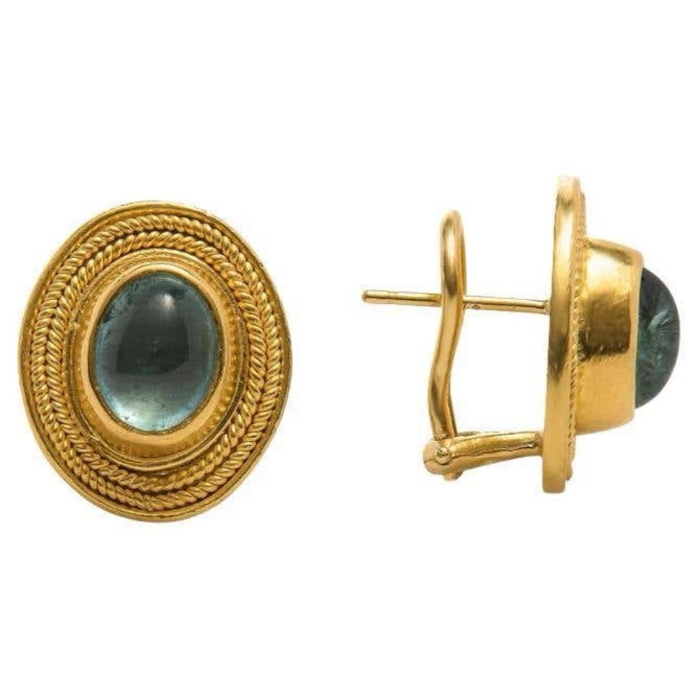 22K Vintage Oval Shaped Cabochon Tourmaline Yellow Gold Drop Earrings